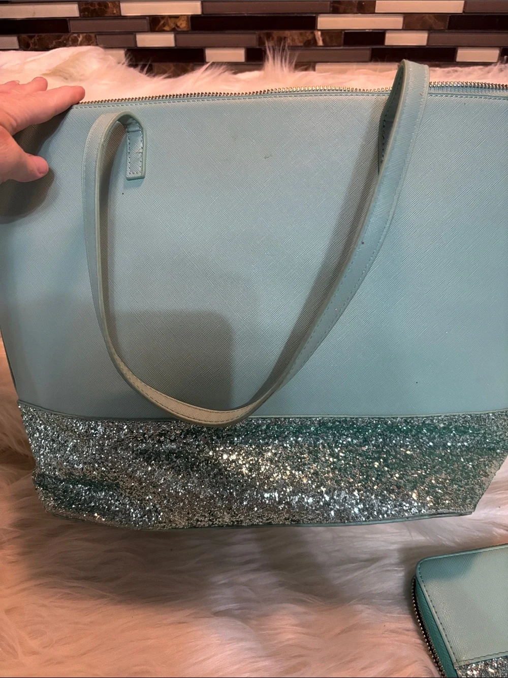 kate spade mint green tote with glitter trim and matching wallet